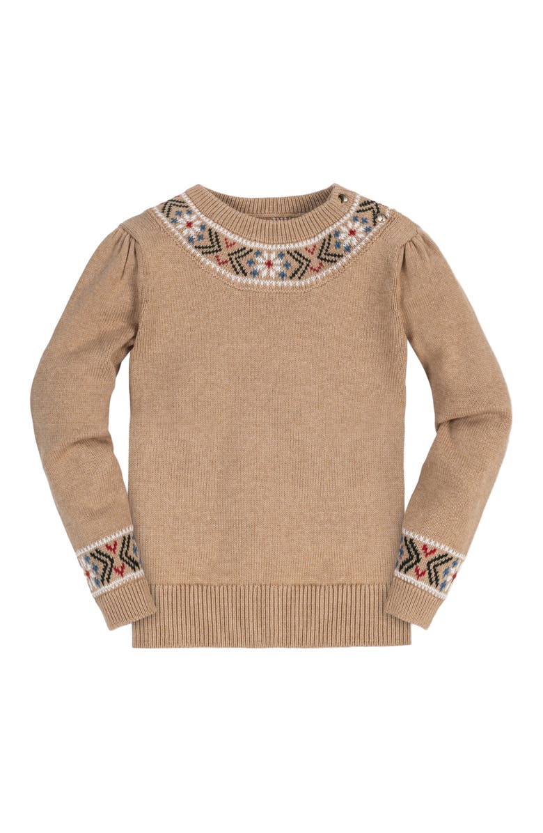 Hope & Henry Baby Girls' Organic Intarsia Trim Sweater, Infant, Main, color, Camel Heather Trim Intarsia
