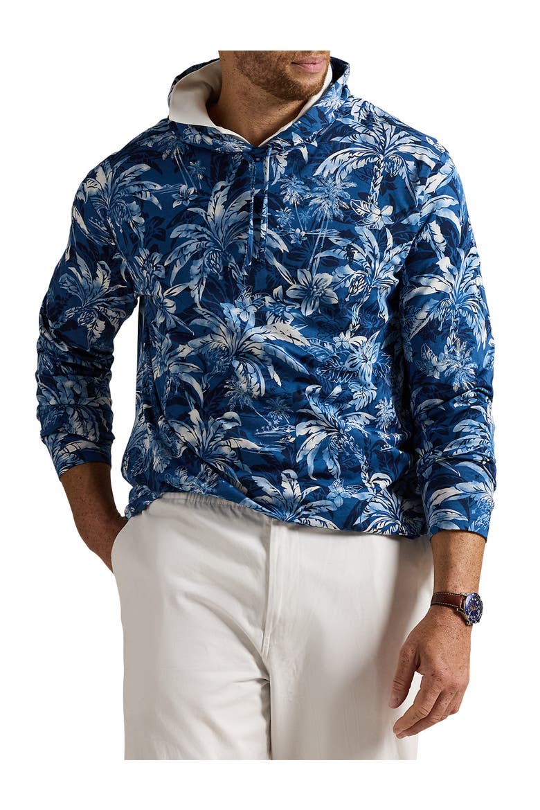 Big & Tall Tropical-Print Long-Sleeve Hooded T-Shirt, Main, color, PALM SHADOW NAVY