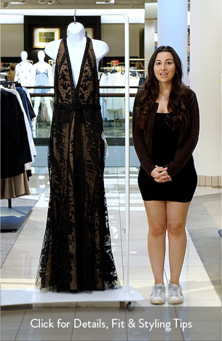 Devin Embroidered Lace Halter Evening Gown, sales video thumbnail