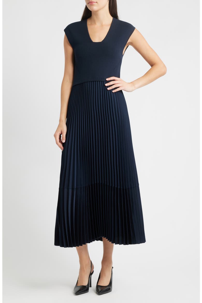 Flissani Pleated Mixed Media A-Line Dress, Main, color, DK BU