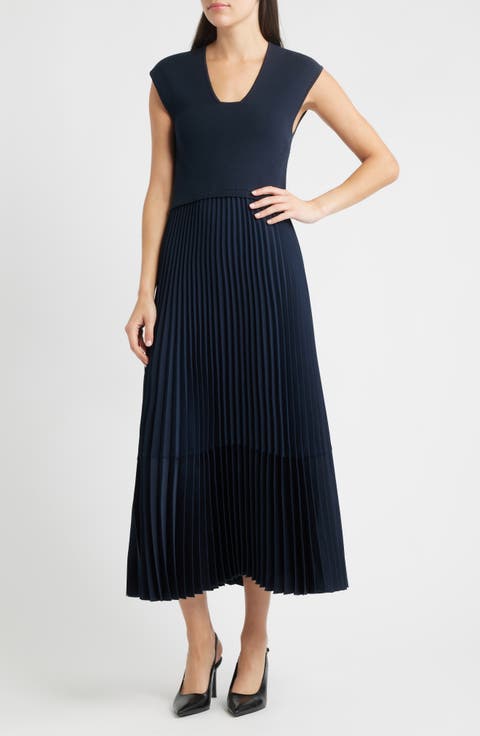 Flissani Pleated Mixed Media A-Line Dress