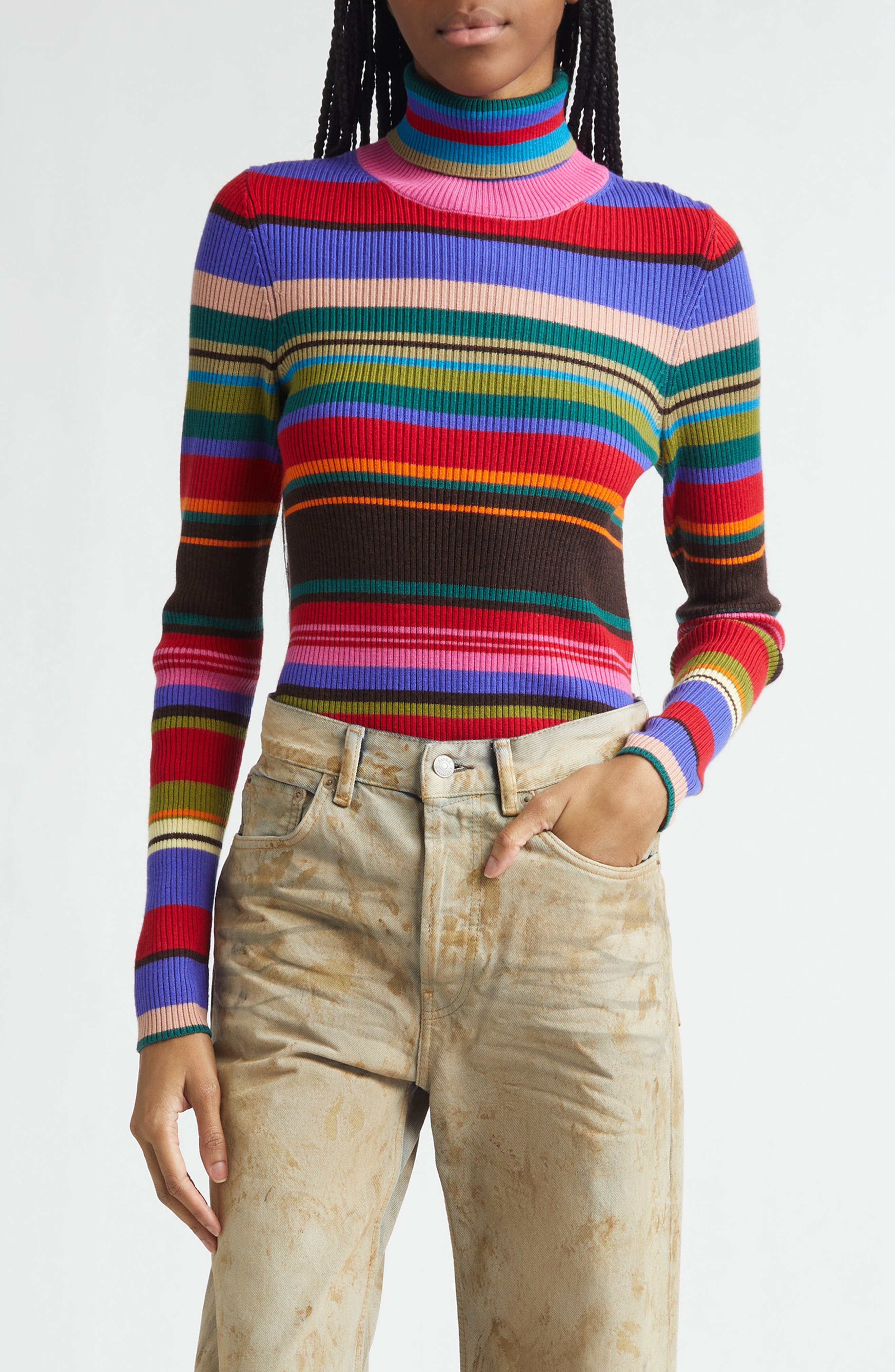 Stripe Rib Wool Turtleneck Sweater