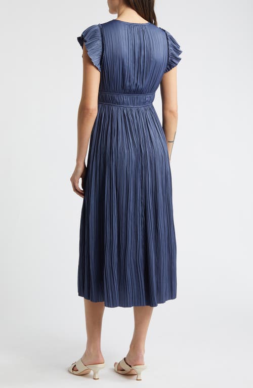 Moon River Pleated Tie Waist Midi Dress In Navy