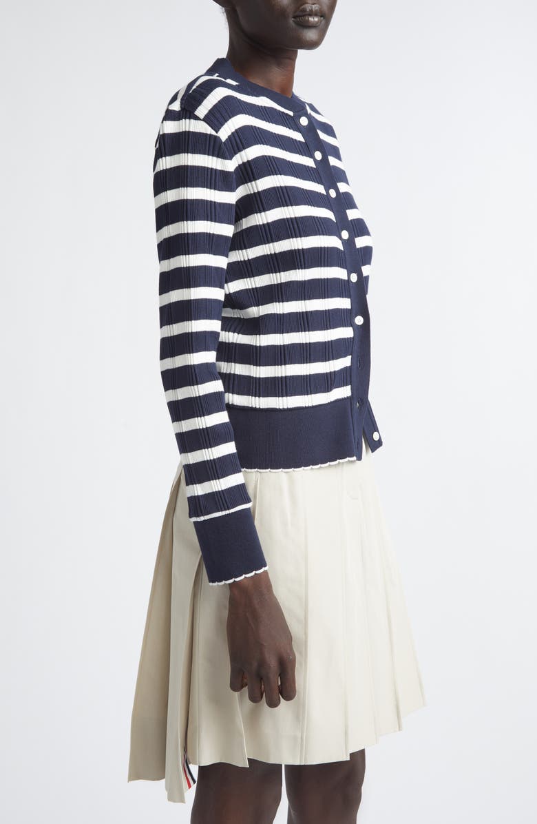 Thom Browne Stripe Scallop Edge Cotton Rib Cardigan, Alternate, color, Navy/ White