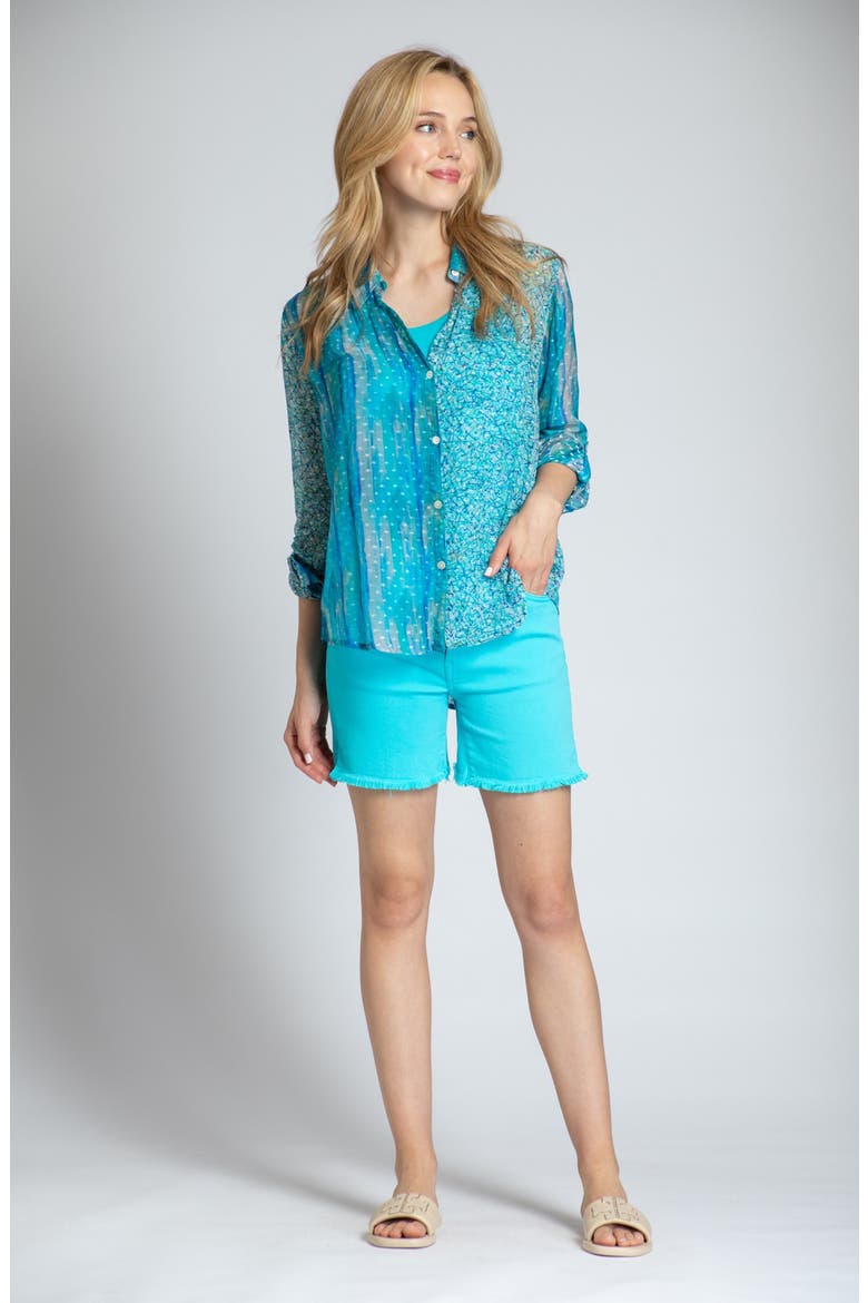 Fray Hem Cutoff Denim Shorts, Alternate, color, TURQUOISE