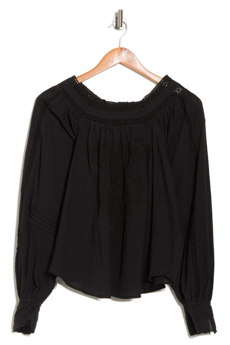 Embroidered Peasant Square Neck Top, Alternate, color, BLACK