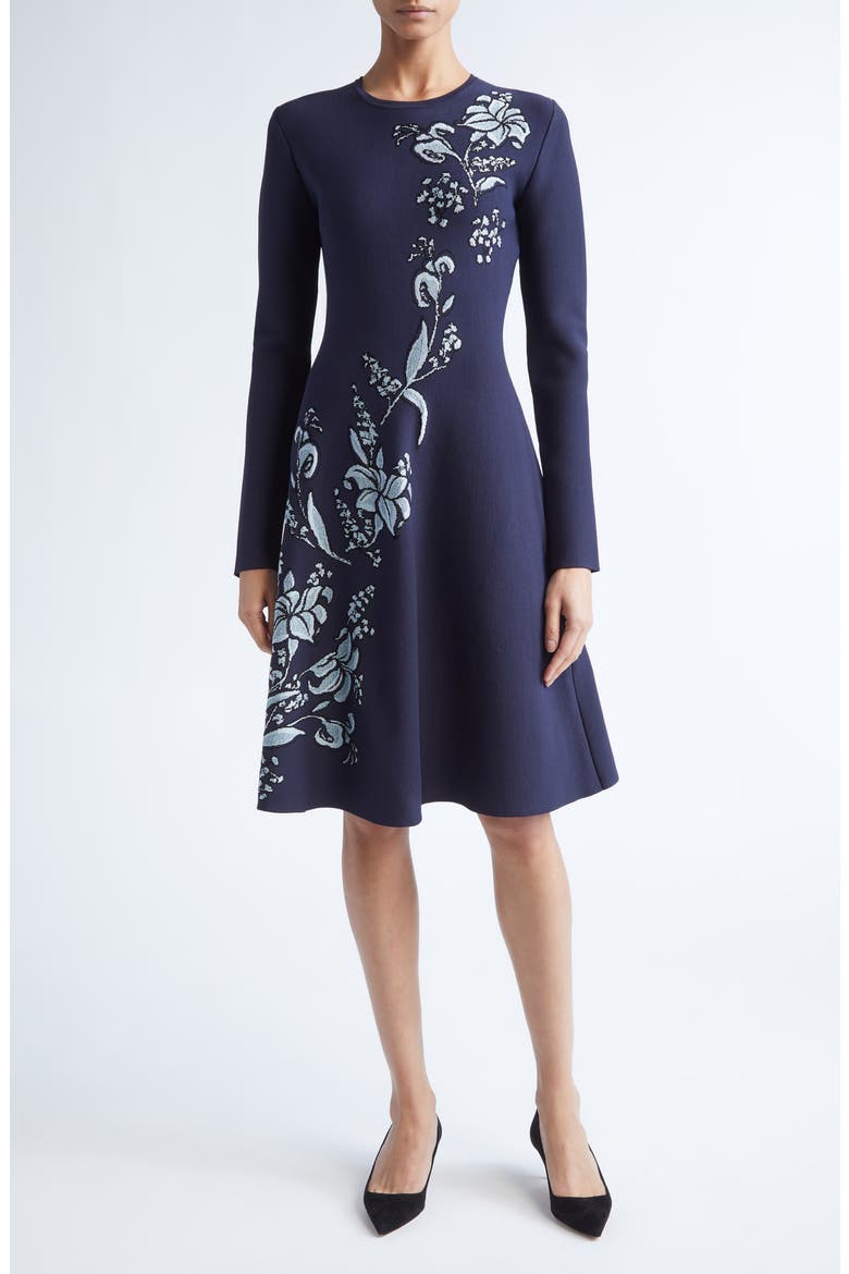 Peony Metallic Jacquard Long Sleeve Fit & Flare Dress, Main, color, NAVY
