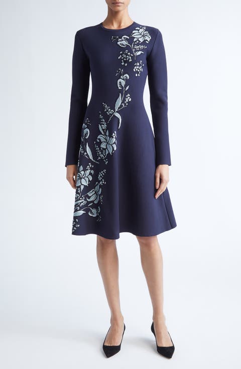 Peony Metallic Jacquard Long Sleeve Fit & Flare Dress
