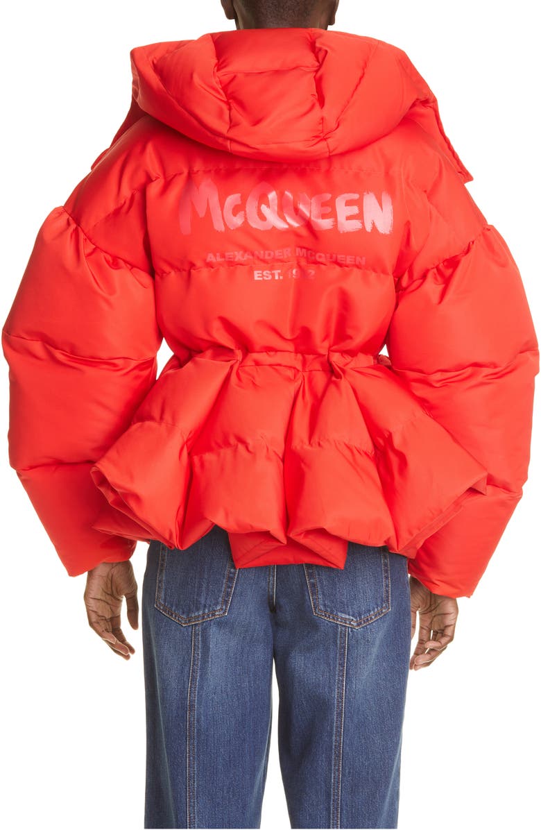 McQueen Alexander McQueen Graffiti Logo Peplum Puffer Jacket, Alternate, color, 