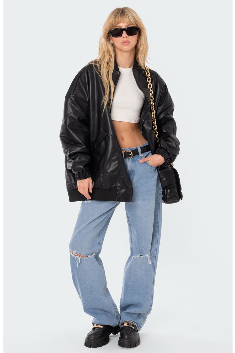 Oversize Faux Leather Bomber Jacket, Alternate, color, BLACK