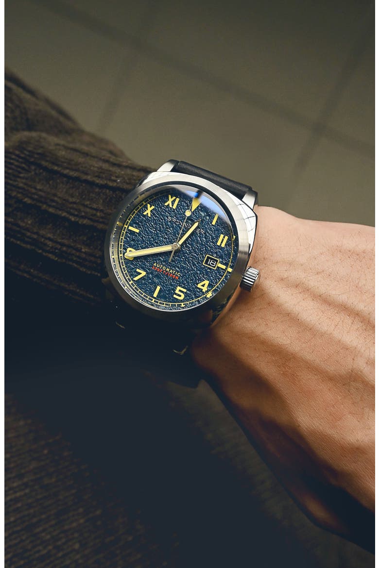 Hull California Automatic Leather Strap Watch, 42mm, Alternate, color, BLUE