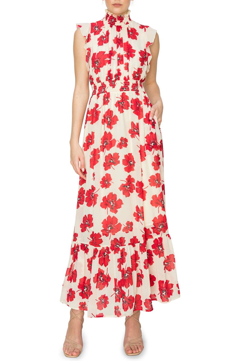 MELLODAY Smocked Mock Neck Tiered Maxi Dress, Main, color,