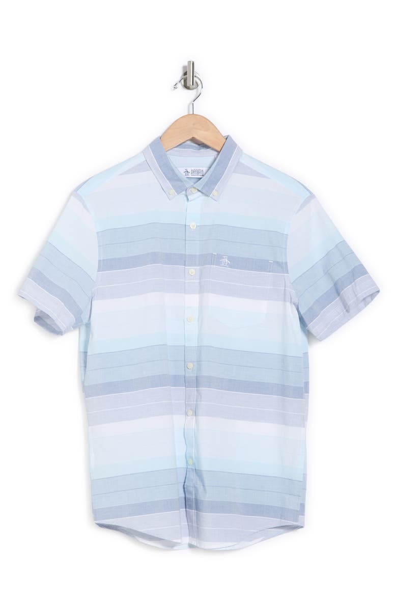 Original Penguin Stripe Poplin Short Sleeve Button-Up Shirt, Alternate, color, Copen Blue