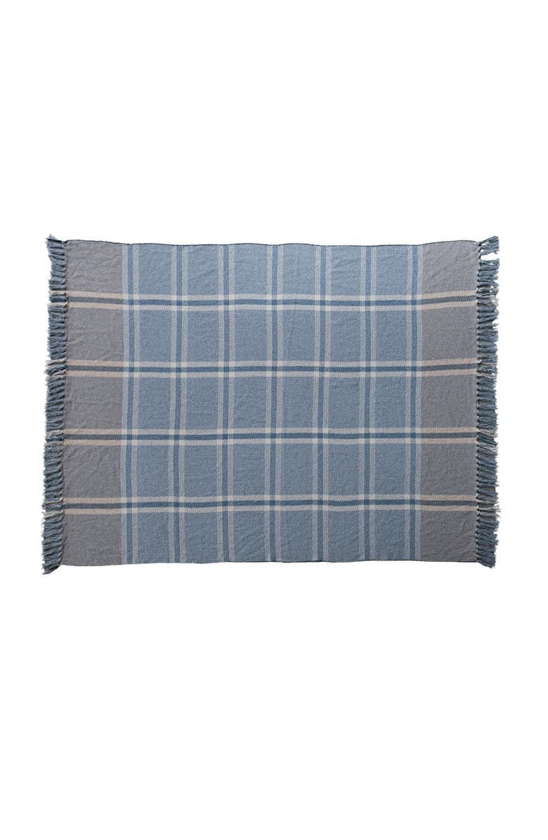 Storied Home Plaid Cotton Blend Throw with Fringe, Blue, Main, color, Blue