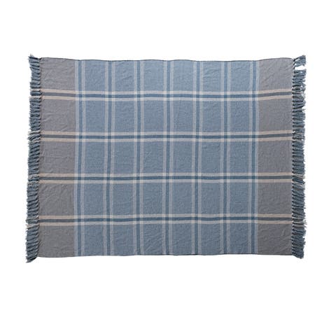 Plaid Cotton Blend Throw with Fringe, Blue