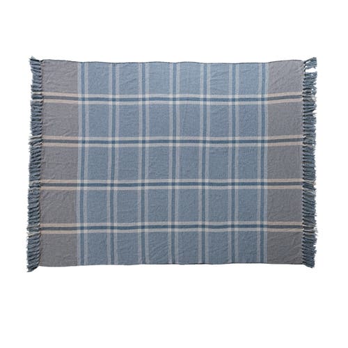 Storied Home Plaid Cotton Blend Throw With Fringe, Blue