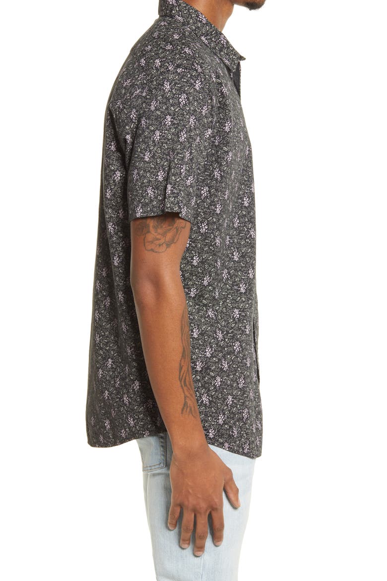 Monkberry Floral Print Short Sleeve Button-Up Shirt, Alternate, color, BLACK