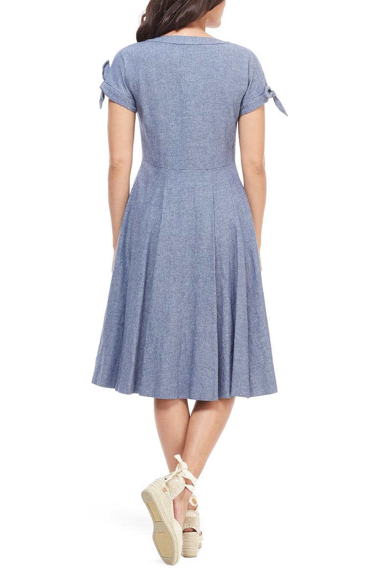 Lenna Button Front Linen Blend Fit & Flare Dress, Alternate, color, CHAMBRAY