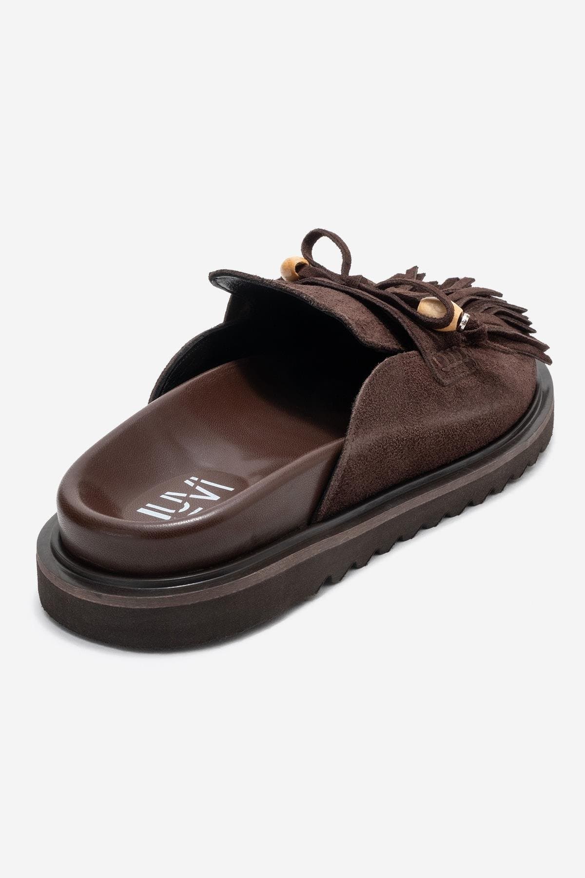 Carol Tassel Leather Mule, Alternate, color, Brown Suede Leather