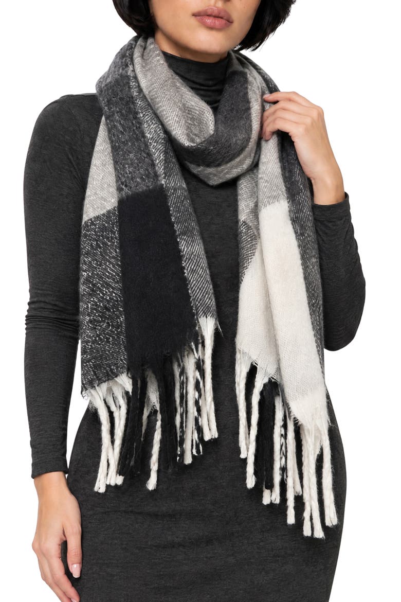 Plaid Fringe Scarf, Main, color, GREY