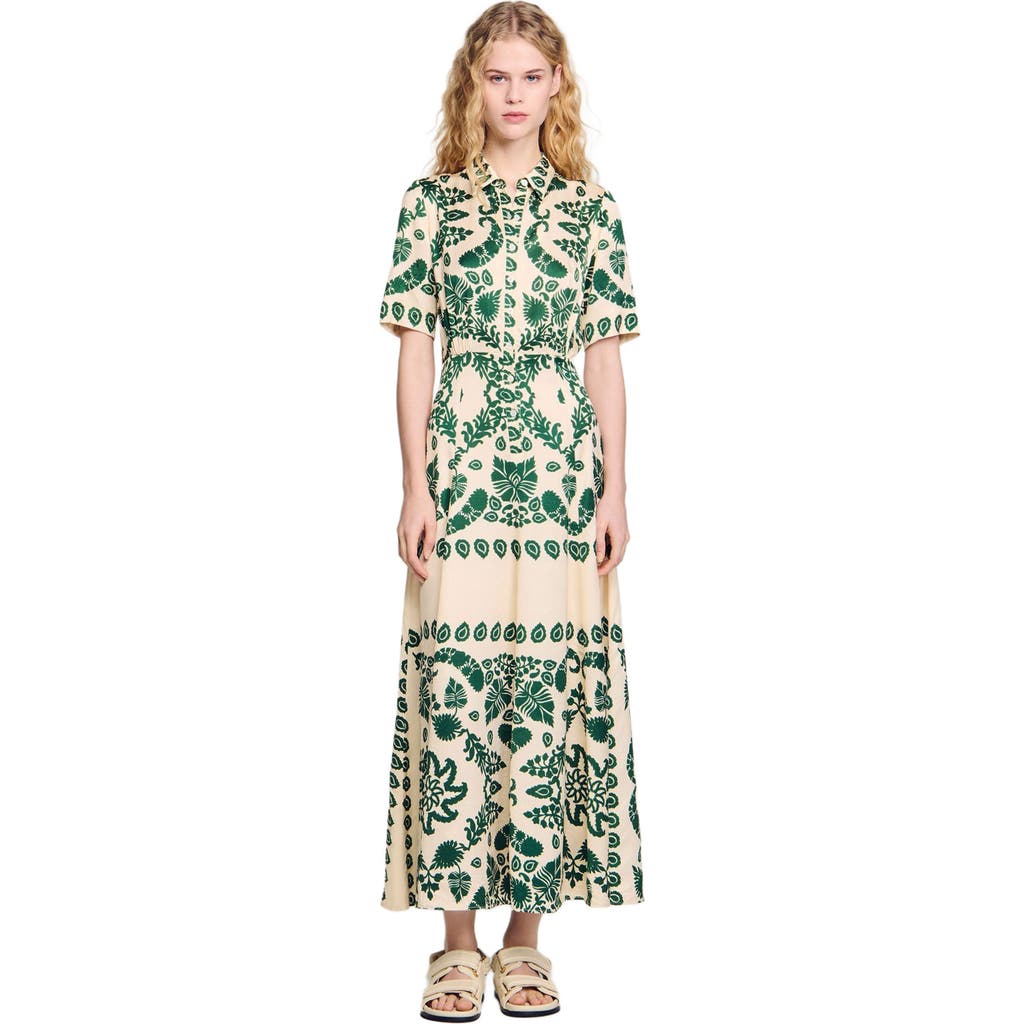 Sandro Leaves-print Maxi Dress In Ecru/green