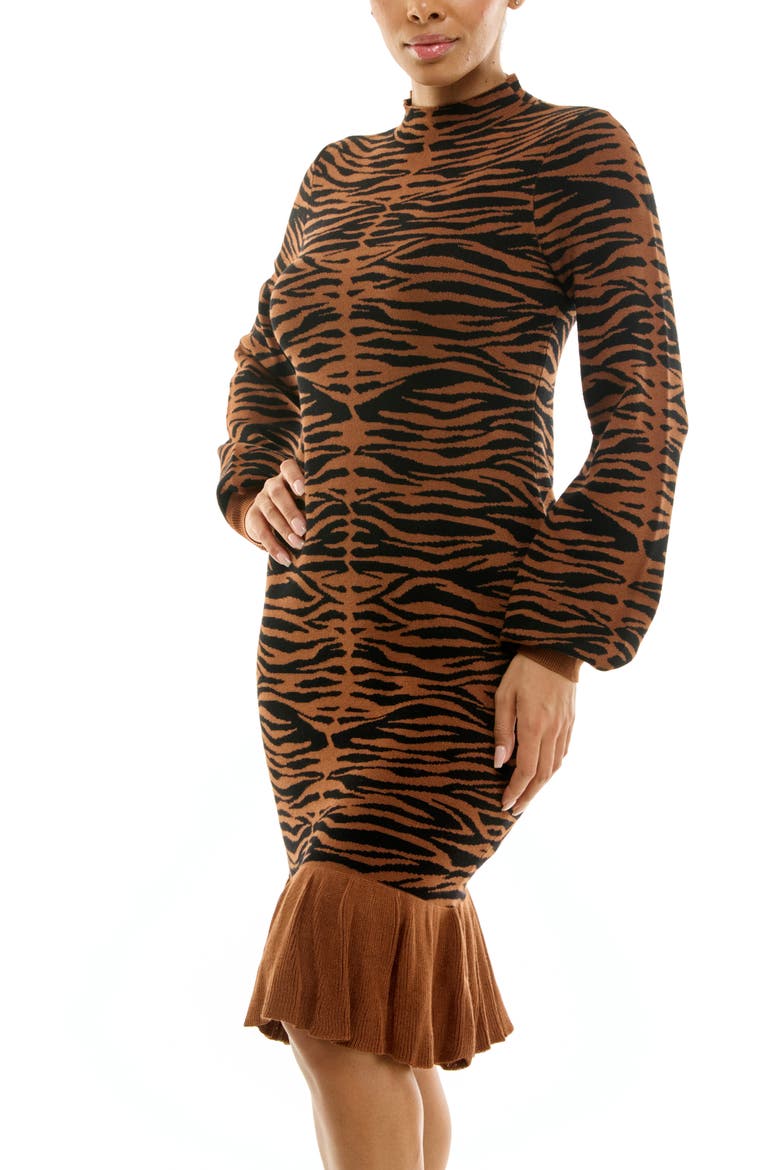 Mock Neck Balloon Sleeve Jacquard Sweater Dress, Alternate, color, COGNAC/BLACK