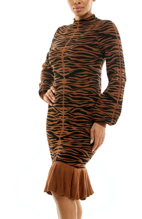 Nina Leonard Mock Neck Balloon Sleeve Jacquard Sweater Dress In Animal Print