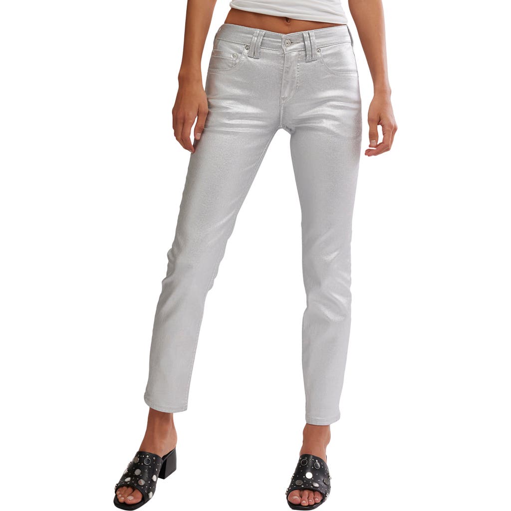 Free People Oracle Metallic Low-rise Slim Ankle Straight Jeans In White