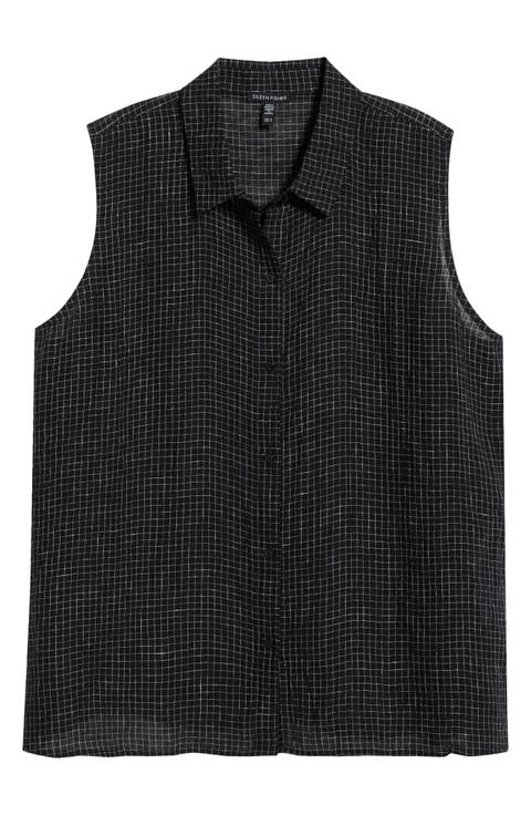 Grid Sleeveless Button-Up Shirt (Plus)