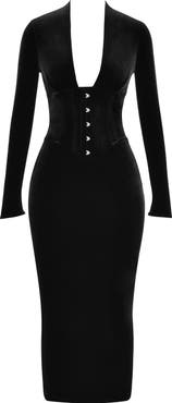 HOUSE OF CB Arabella Plunge Neck Long Sleeve Velvet Corset Dress