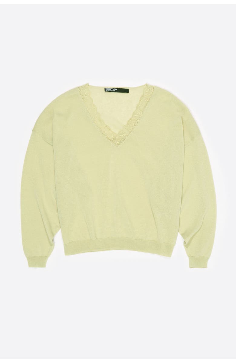 Bimba y Lola Short Sweater In Cotton Linen and Lace, Alternate, color, Light Green