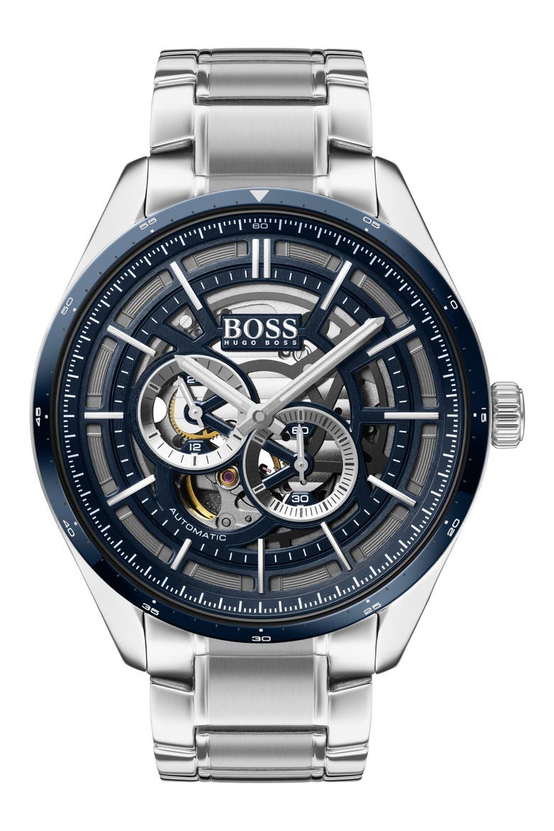 Grand Prix Automatic Bracelet Watch, 44mm, Main, color, SILVER/ BLUE/ SILVER