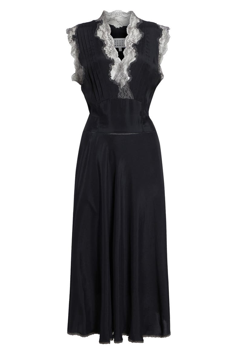 Lace Trim Satin Midi Dress, Alternate, color, BLACK