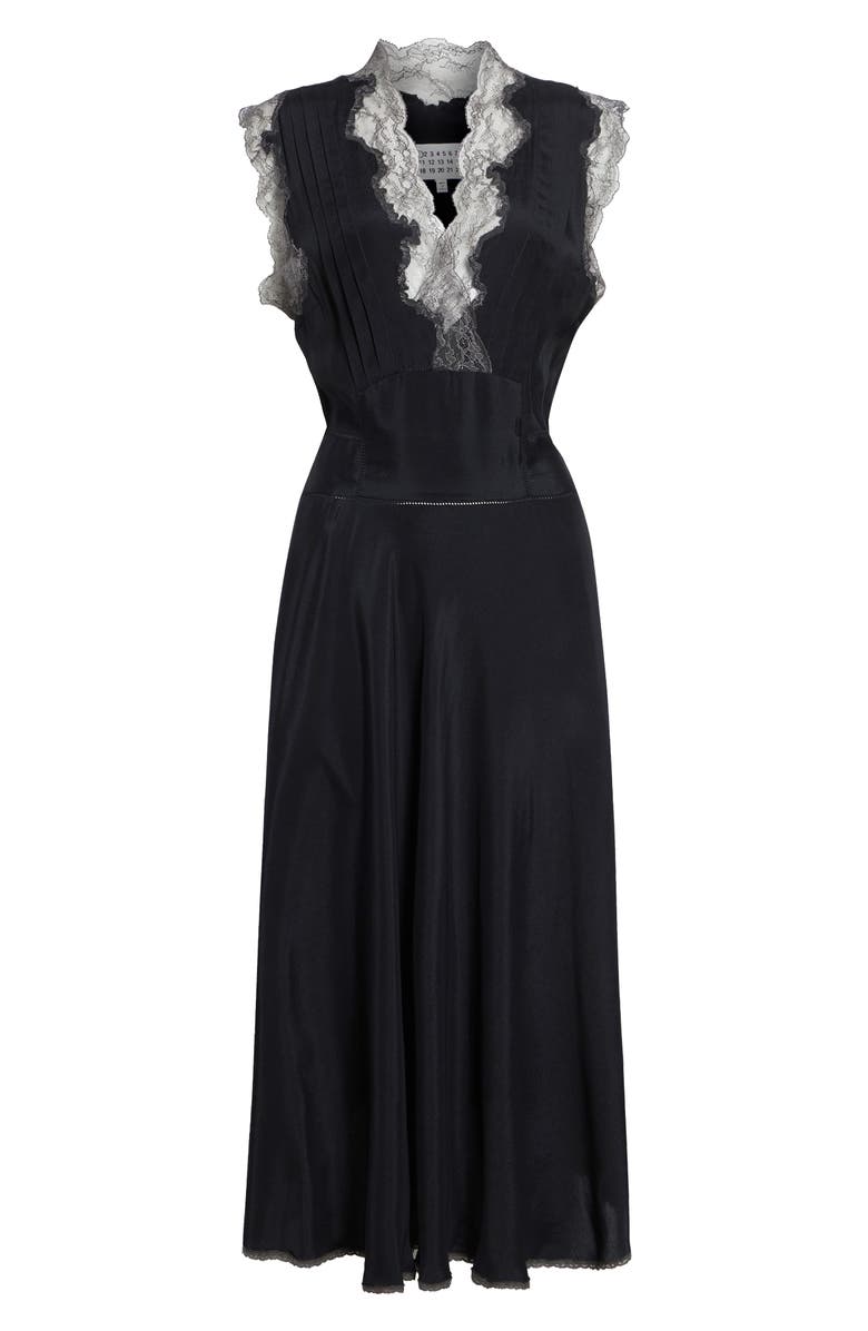 Maison Margiela Lace Trim Satin Midi Dress, Main, color, Black