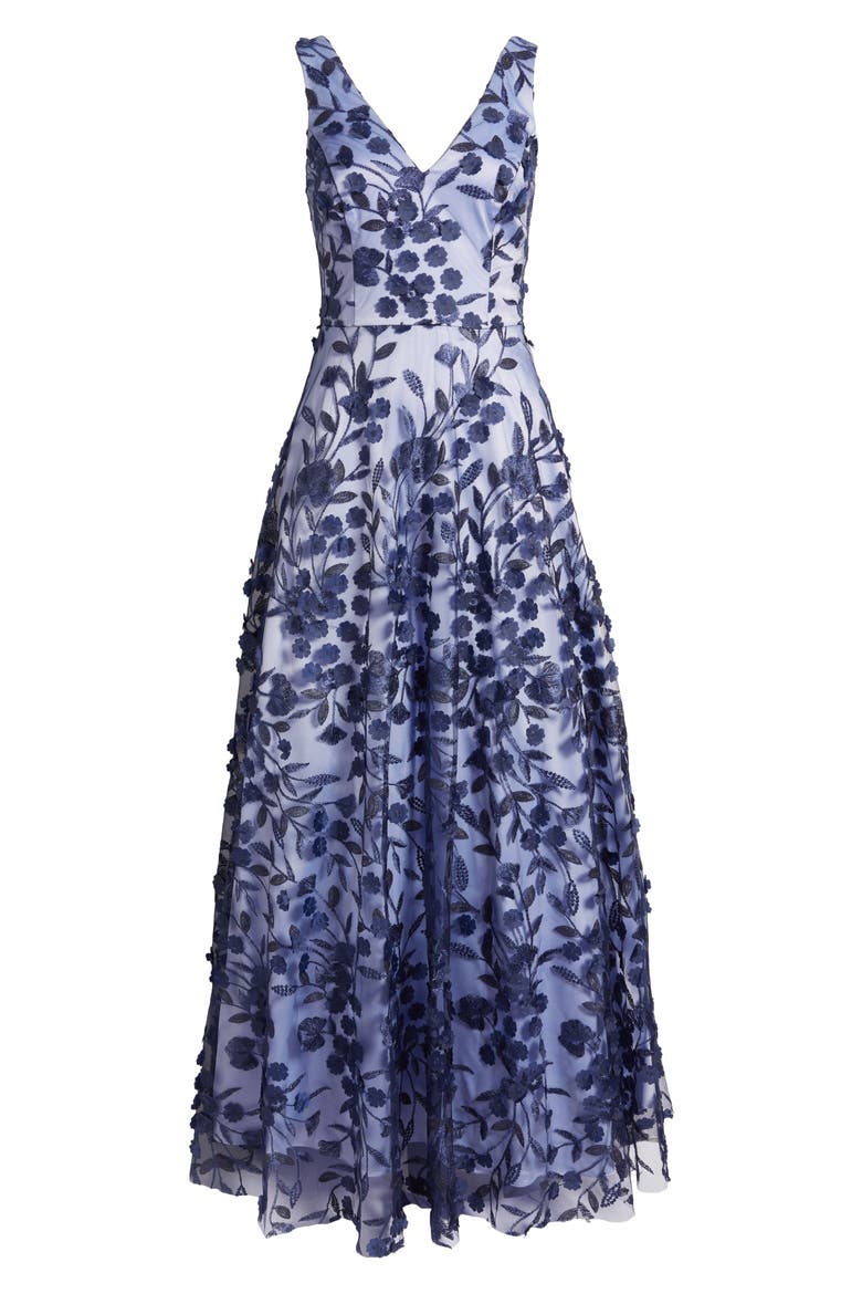 Embroidered Floral Illusion Lace A-Line Gown, Alternate, color, NAVY BLUE