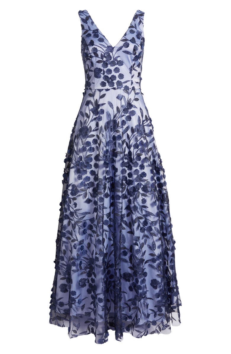 Eliza J Embroidered Floral Illusion Lace A-Line Gown, Alternate, color, Navy Blue