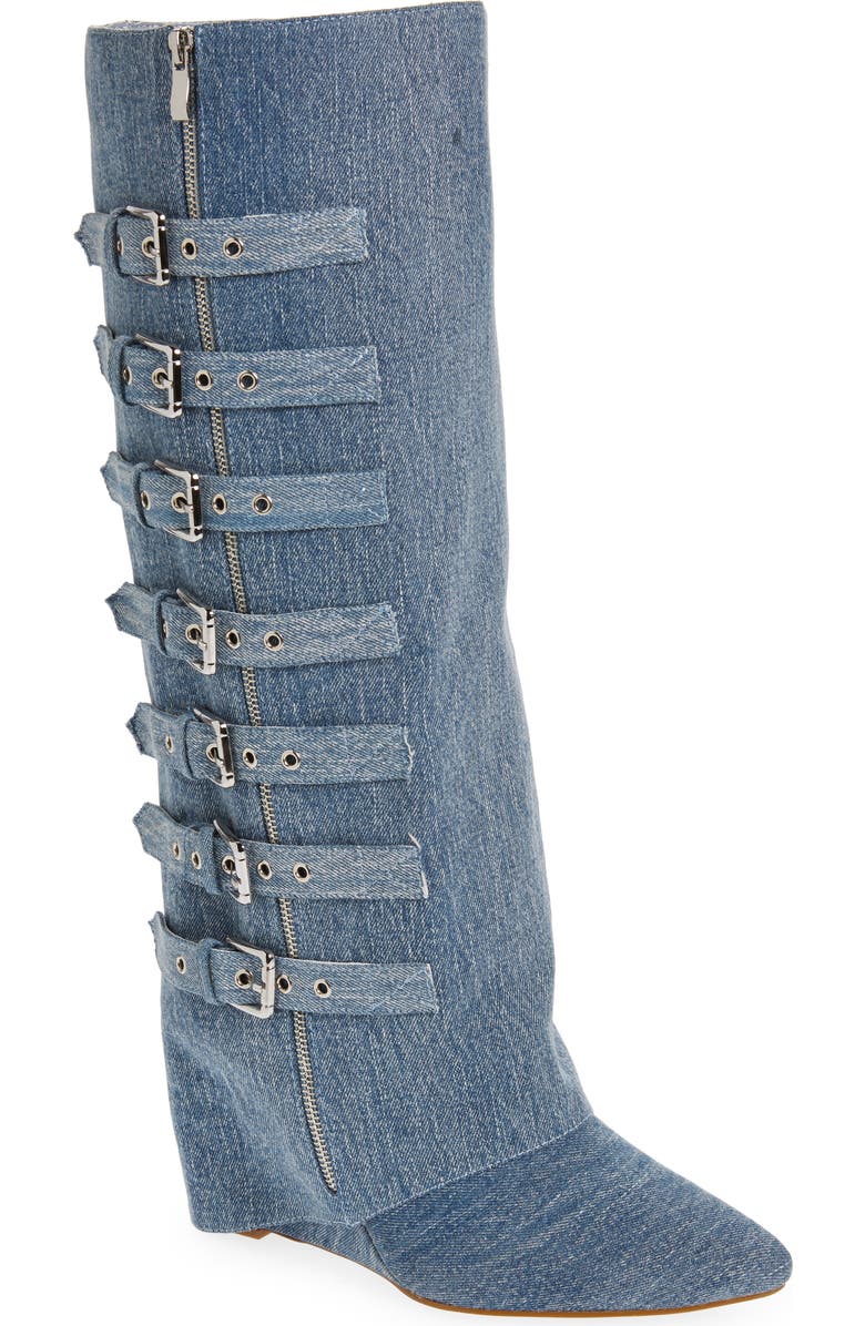 AZALEA WANG Risna Belted Foldover Denim Pointed Toe Boot, Main, color,