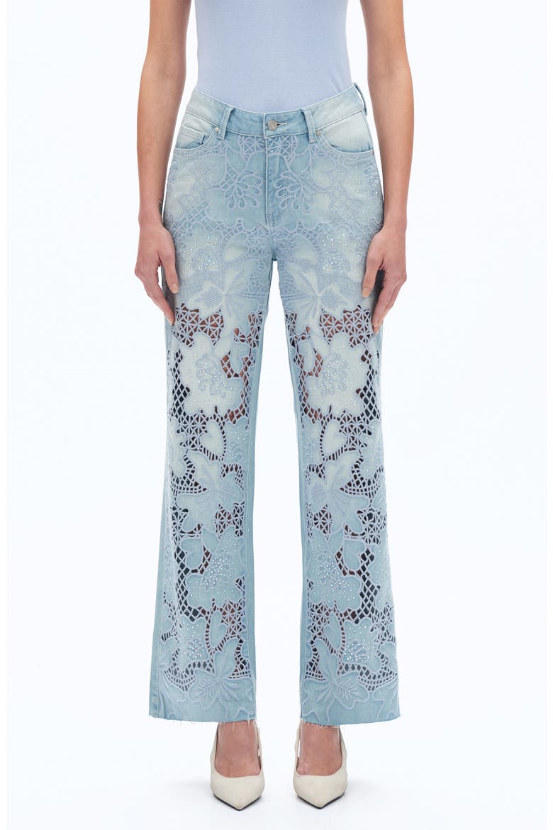 Crystal Embroidered Raw Hem High Waist Relaxed Straight Leg Jeans, Main, color, LIGHT BLUE