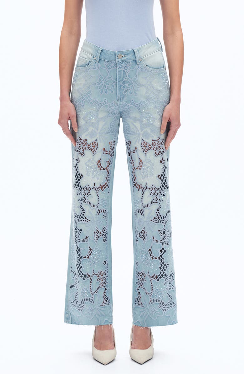 Bayeas Crystal Embroidered Raw Hem High Waist Relaxed Straight Leg Jeans, Main, color, Light Blue