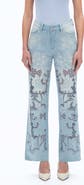 Bayeas Crystal Embroidered Raw Hem High Waist Relaxed Straight Leg Jeans