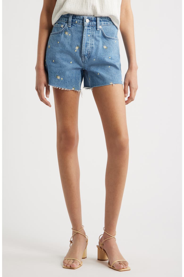 Mesa Flower Embroidered High Waist Cutoff Denim Shorts, Main, color, INDIGO FLORAL