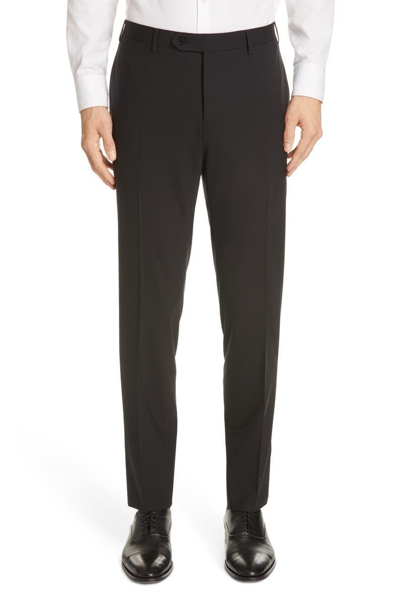 Flat Front Classic Fit Solid Stretch Wool Dress Pants, Main, color, BLACK