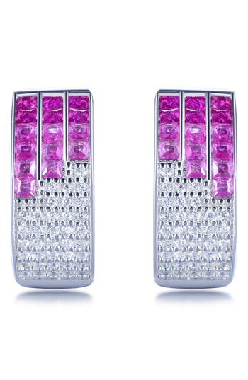 Suzy Levian Sterling Silver Invisible Set Blue White Cubic Zirconia Huggie Earrings In Metallic