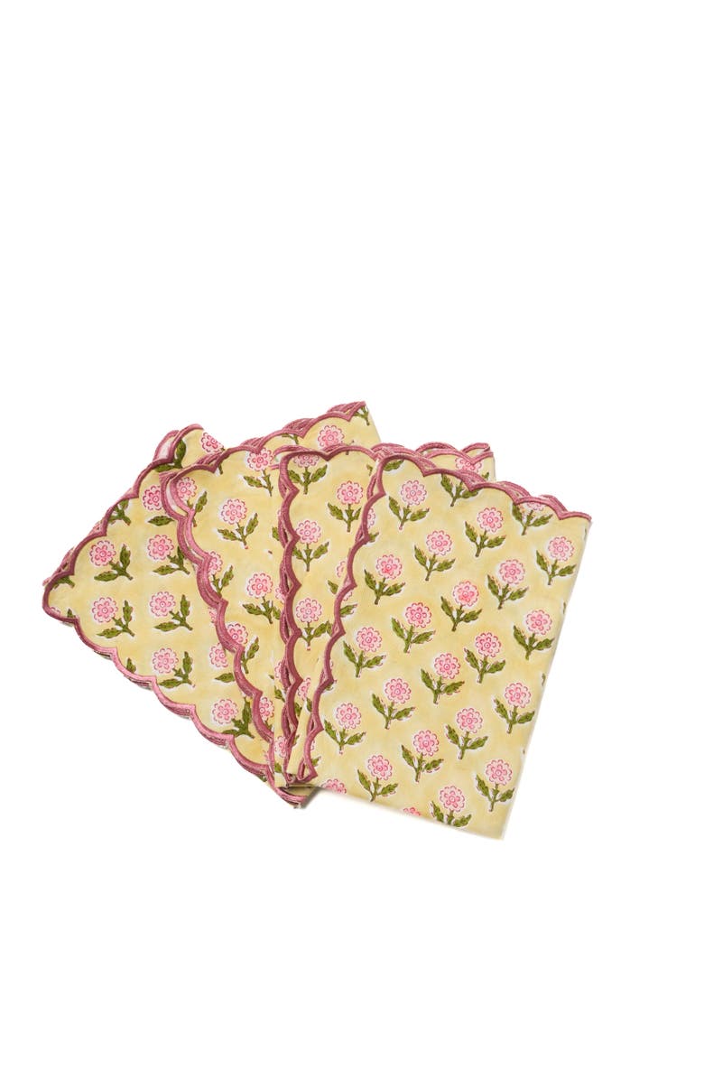 Inner Child Mona Scallop Embroidered Blockprint Napkins - Set of 4, Alternate, color, Butter Yellow