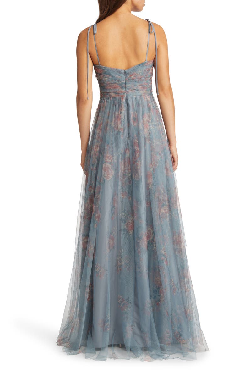 Marchesa Notte Floral Ruched Bodice Tulle Gown, Alternate, color, 