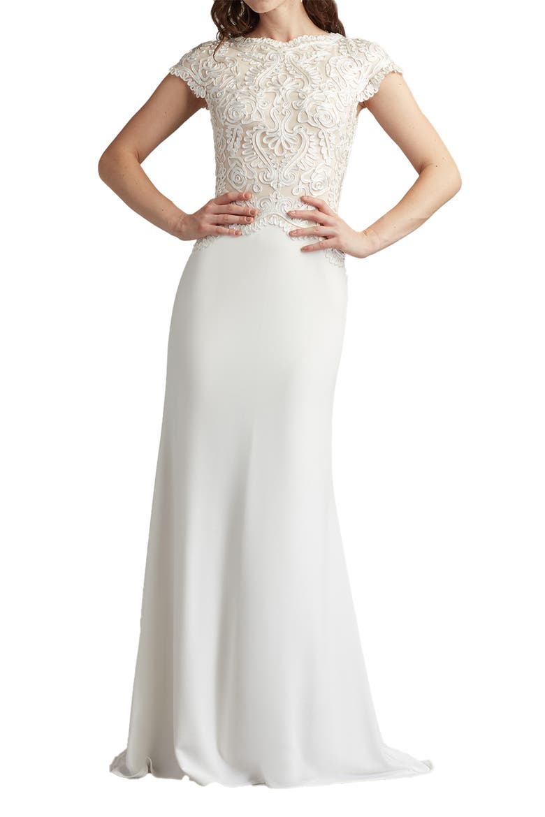 Soutache Lace Cap Sleeve Trumpet Gown, Alternate, color, IVORY/ PETAL