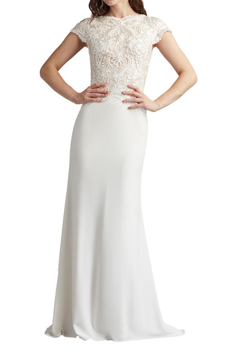 Tadashi Shoji Soutache Lace Cap Sleeve Trumpet Gown, Alternate, color, Ivory/ Petal
