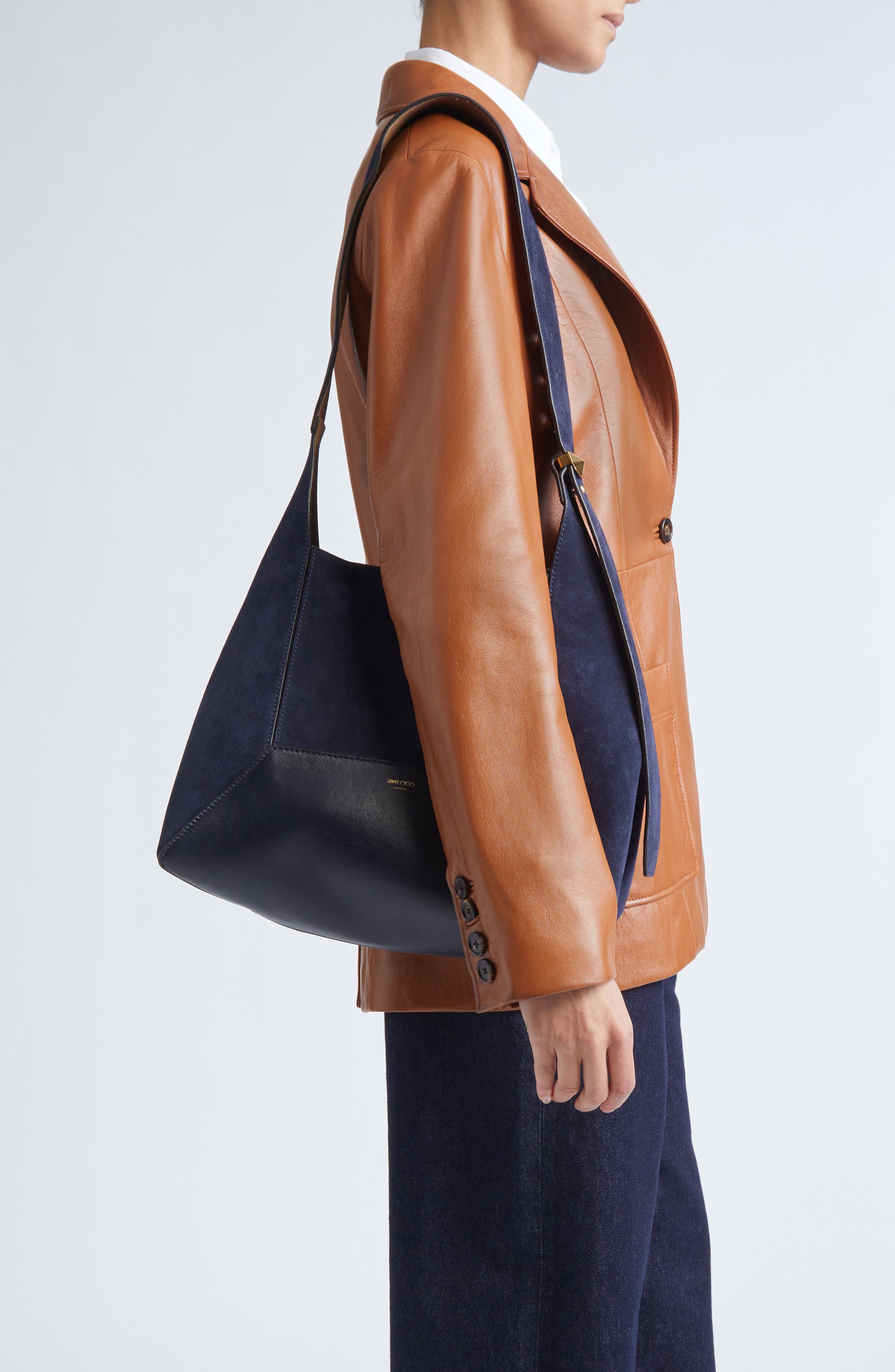 Jimmy Choo Medium Diamond Leather & Suede Hobo Bag, Alternate, color, Marine/ Gold