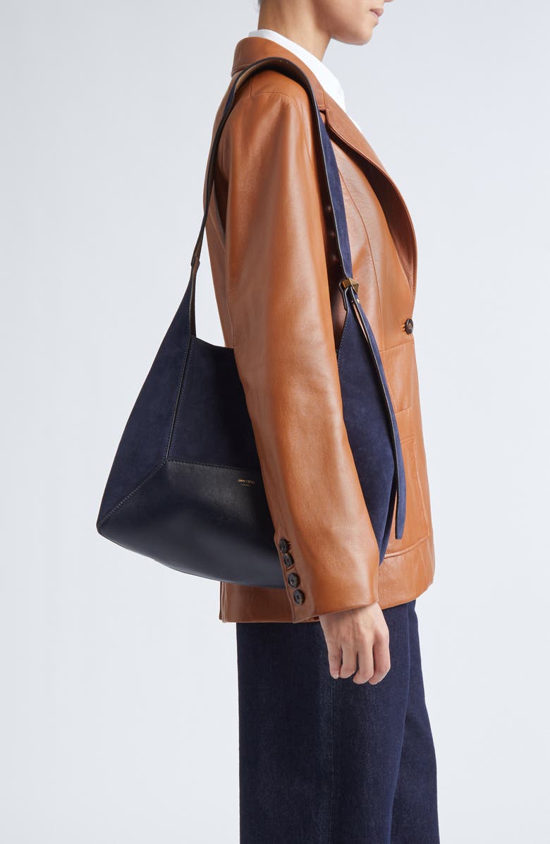 Jimmy Choo Medium Diamond Leather & Suede Hobo Bag, Alternate, color, Marine/ Gold