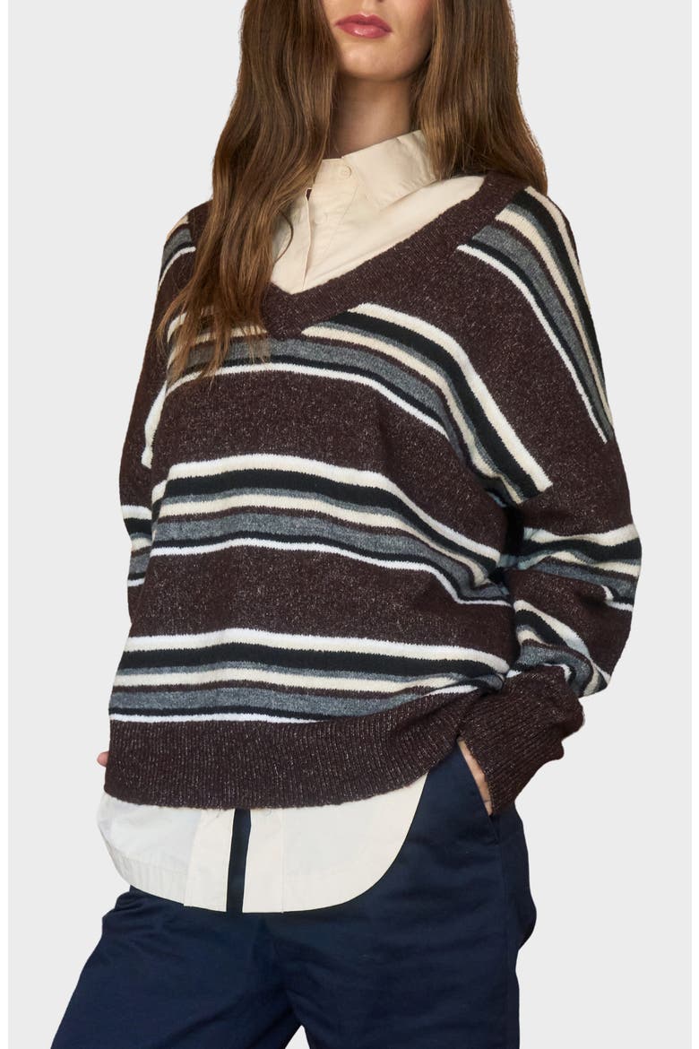 Pullover V-Neck Sweater, Alternate, color, BROWN MULTI